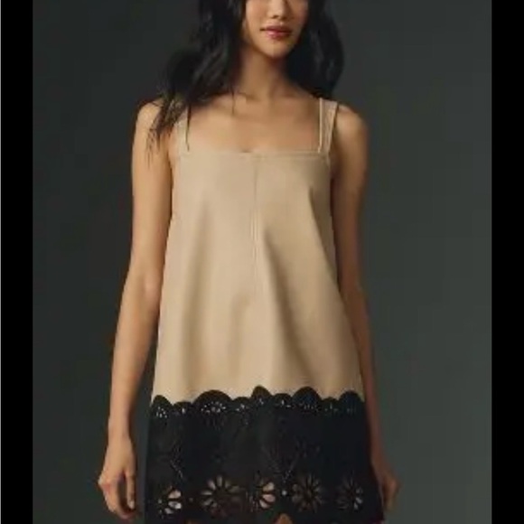 Anthropologie Sleeveless Square Neck Tan Faux Leather Scalloped Dress Size 8 - Picture 2 of 10
